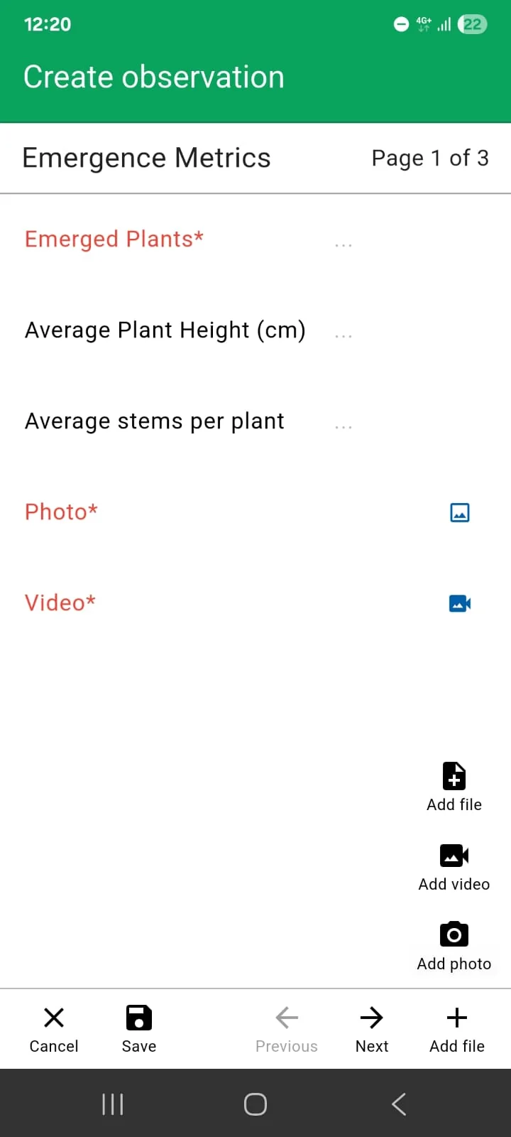 FarmDataViewer app — create observation form with metrics and photo capture