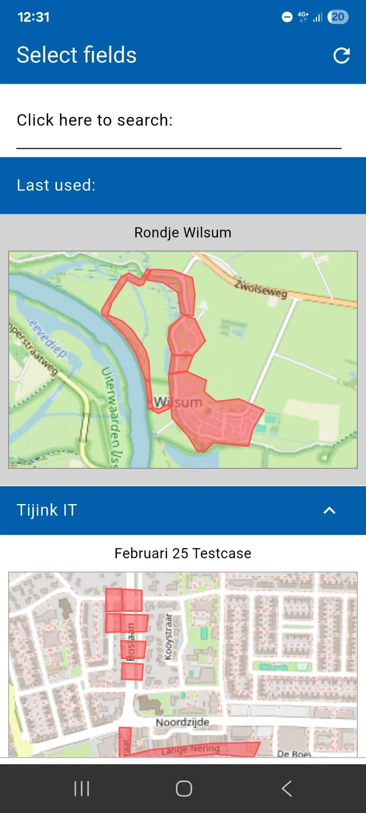 FarmDataViewer app — field selection screen with recent fields and maps