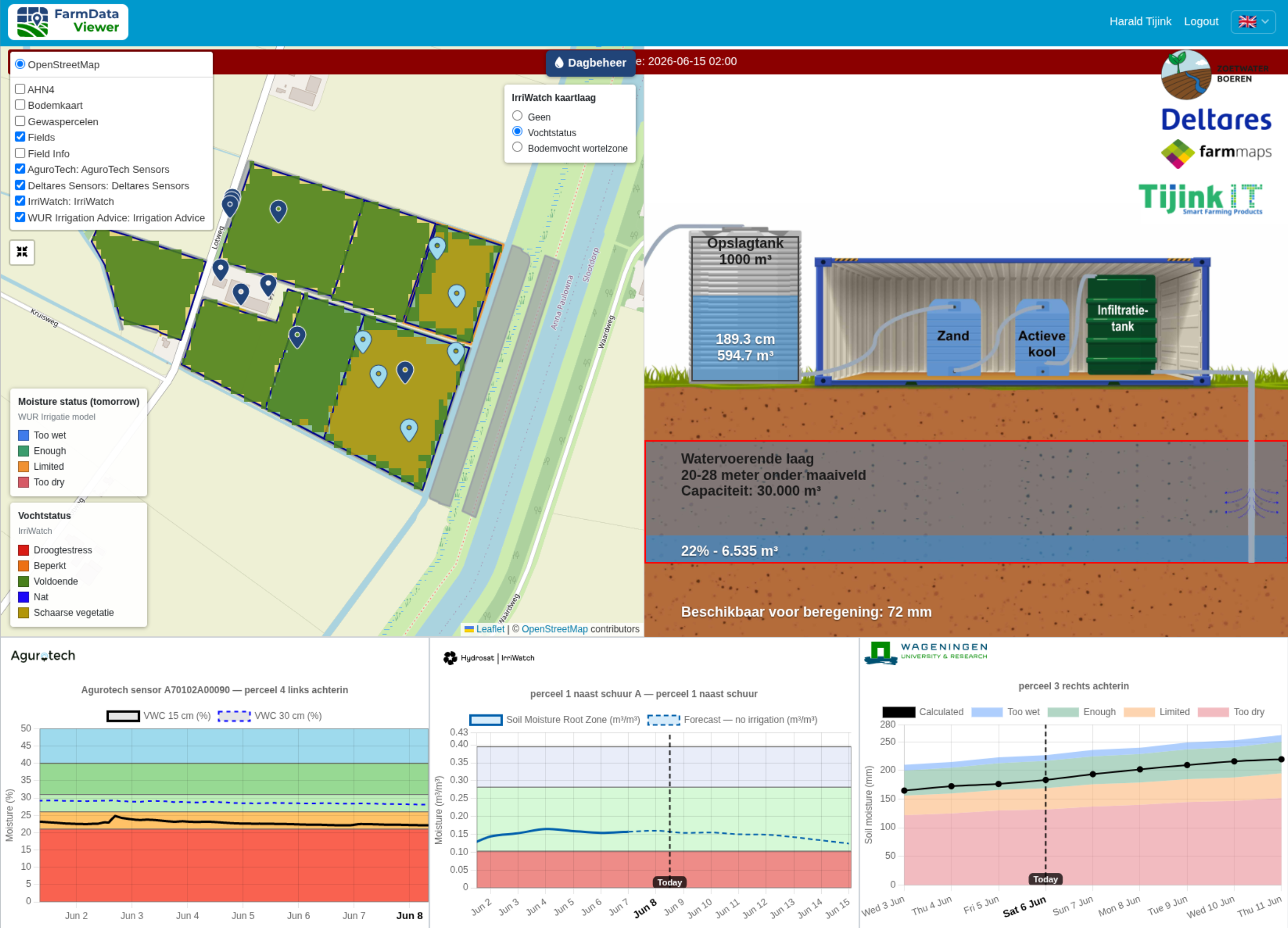 Zoetwaterboeren water-management dashboard in FarmDataViewer with a field moisture map and the freshwater storage system