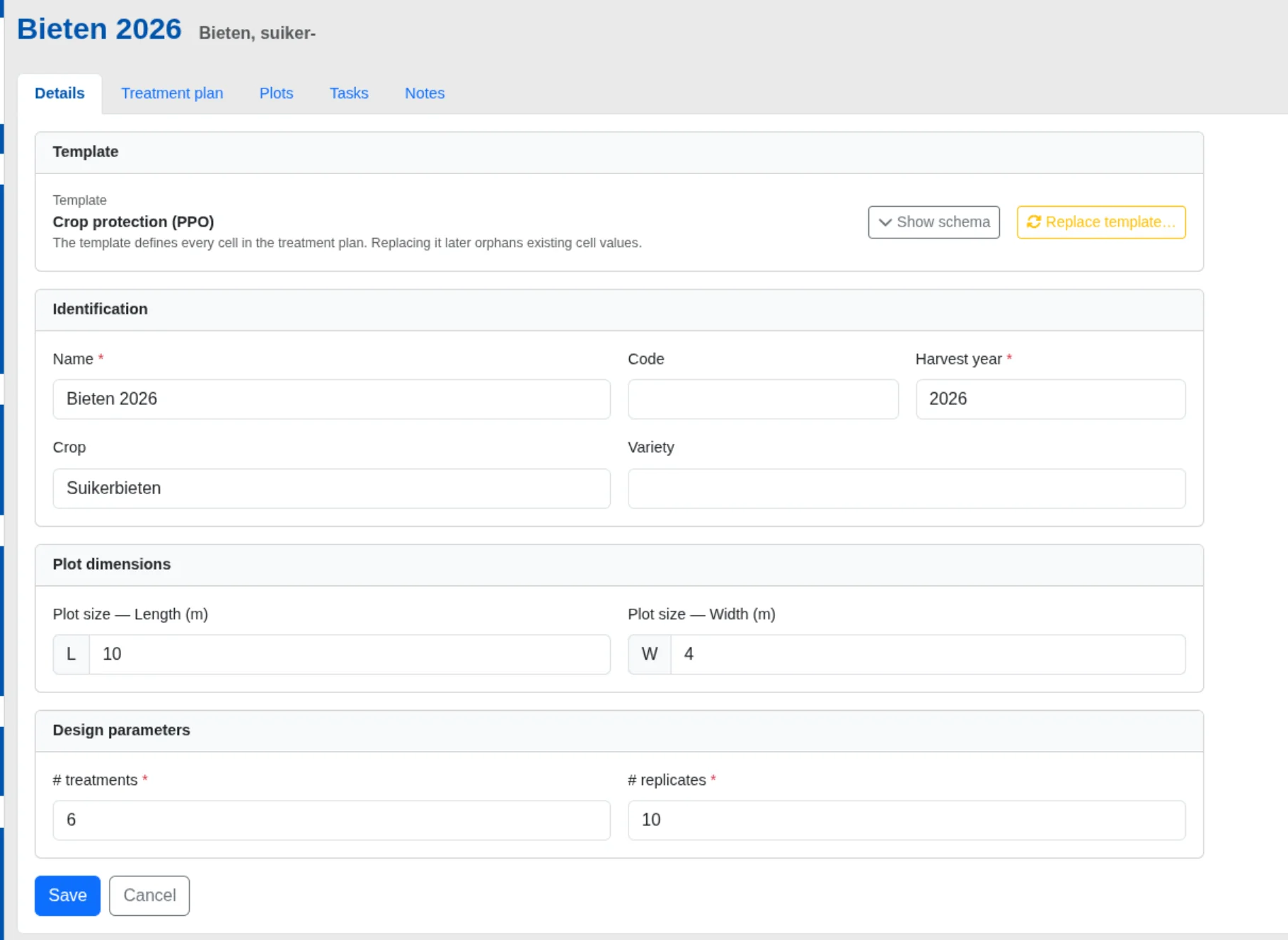 FarmDataViewer field trial details form with crop, varieties and design dimensions