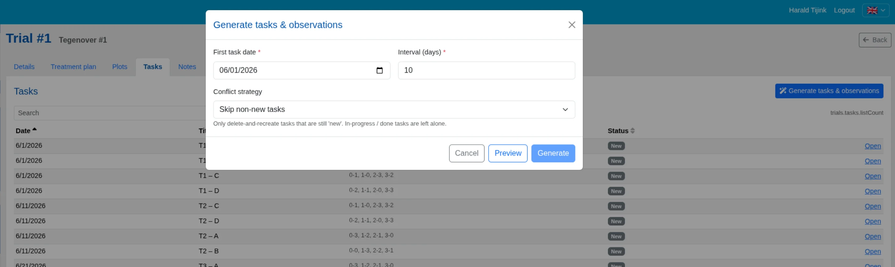 Generate tasks and observations dialog with first task date, interval, and conflict strategy