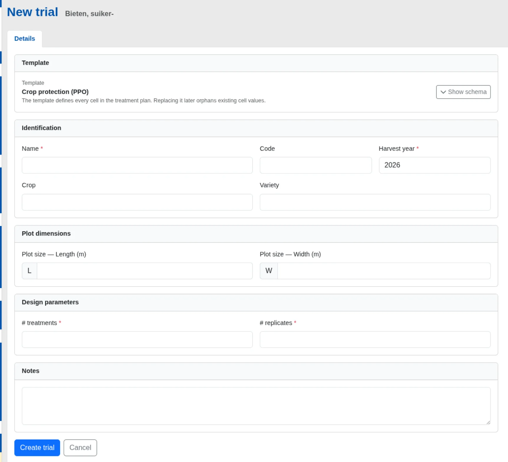 New field trial form with template, identification, plot dimensions, and design parameters