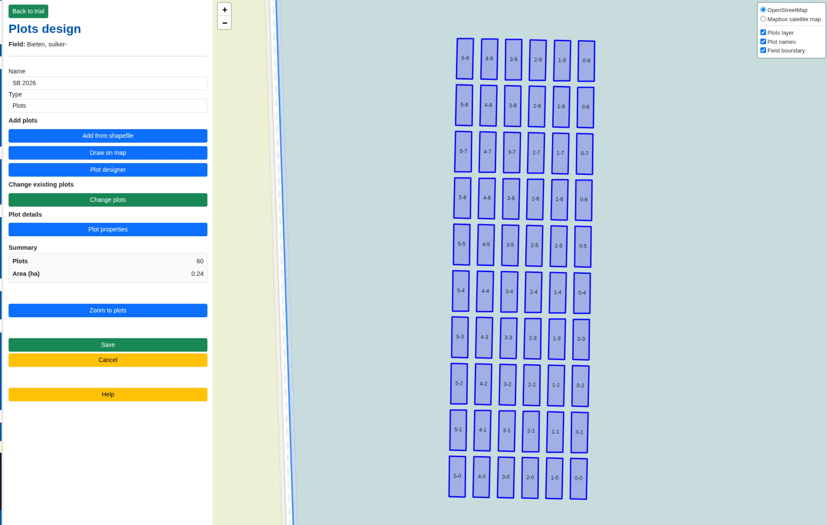 Field trial plots design with rectangular plots laid out on the field map