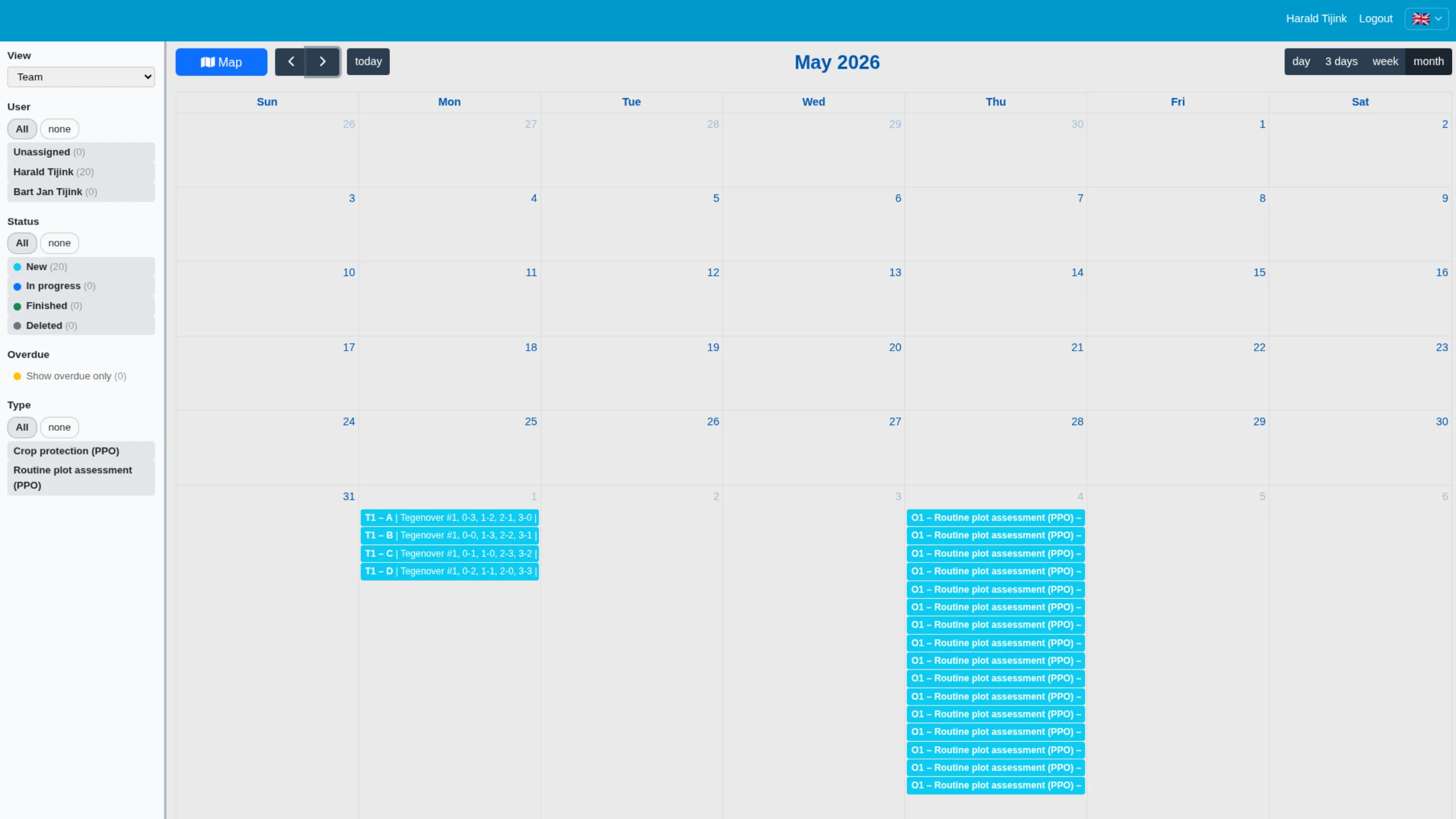 Calendar view showing generated trial tasks across dates for execution in the field