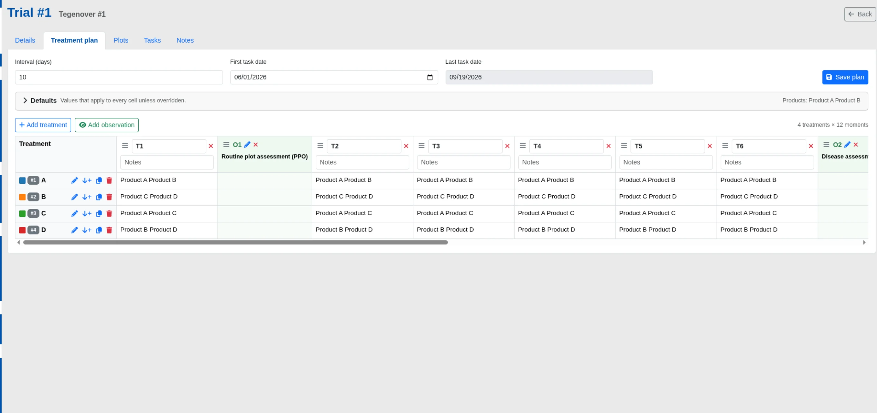 Field trial treatment plan matrix editor with treatments and moments